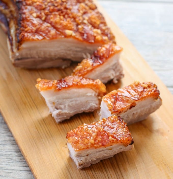 A view of a crispy cut pork belly