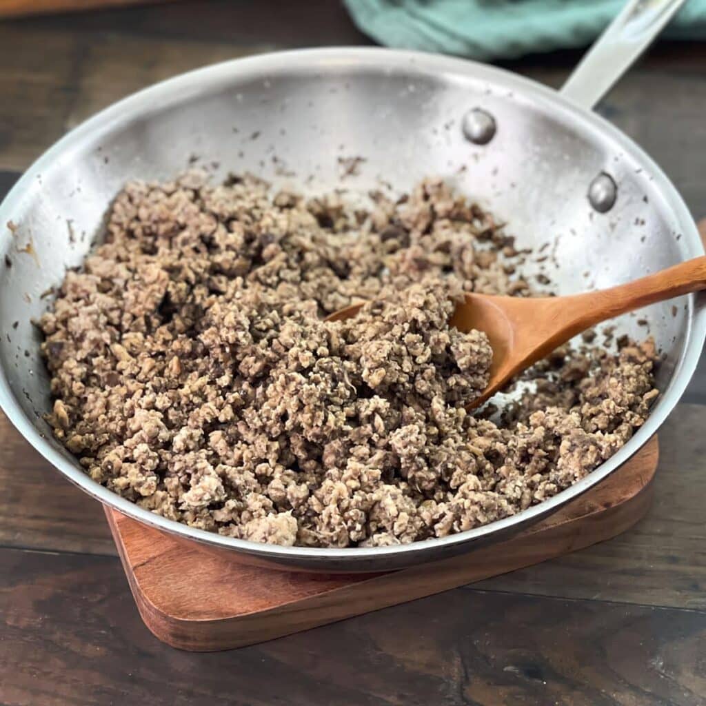 A view of a ground turkey inside a pan