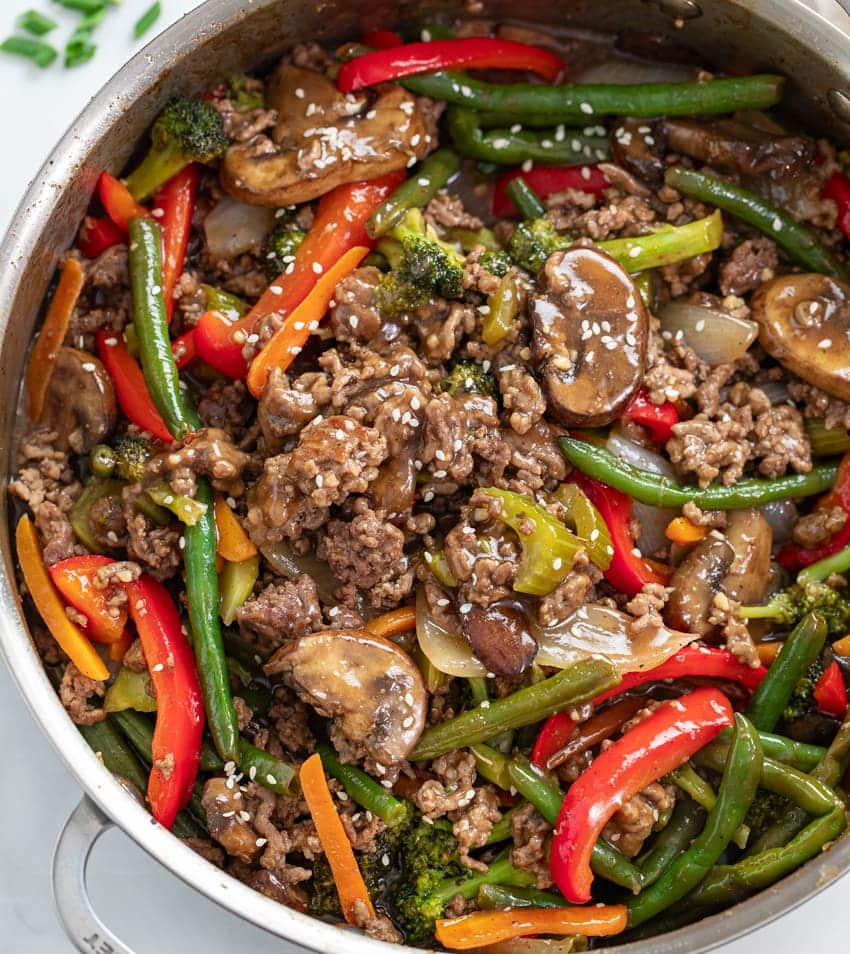 A view of ground beef with stir fry veggies