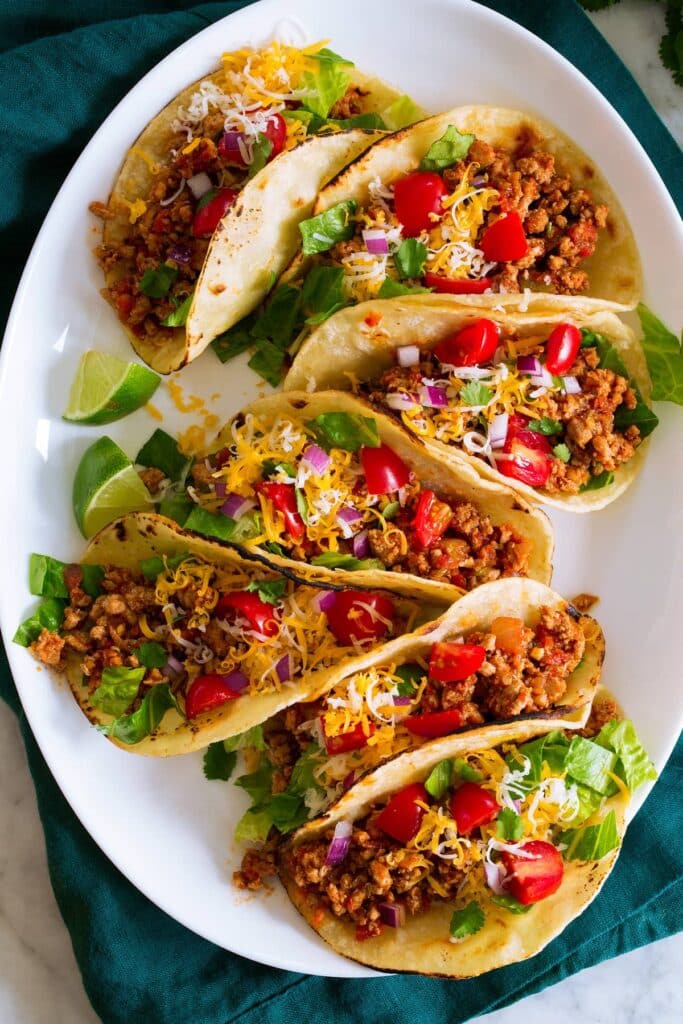 An overhead view of tacos filled with ground turkey