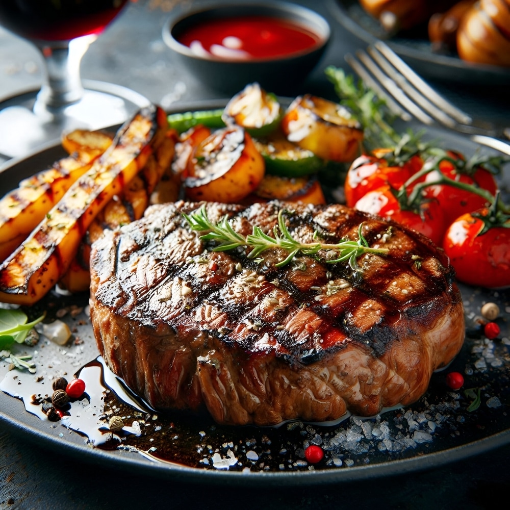 Juicy Delicious Beef Steak With Potatoes And Tomatoes