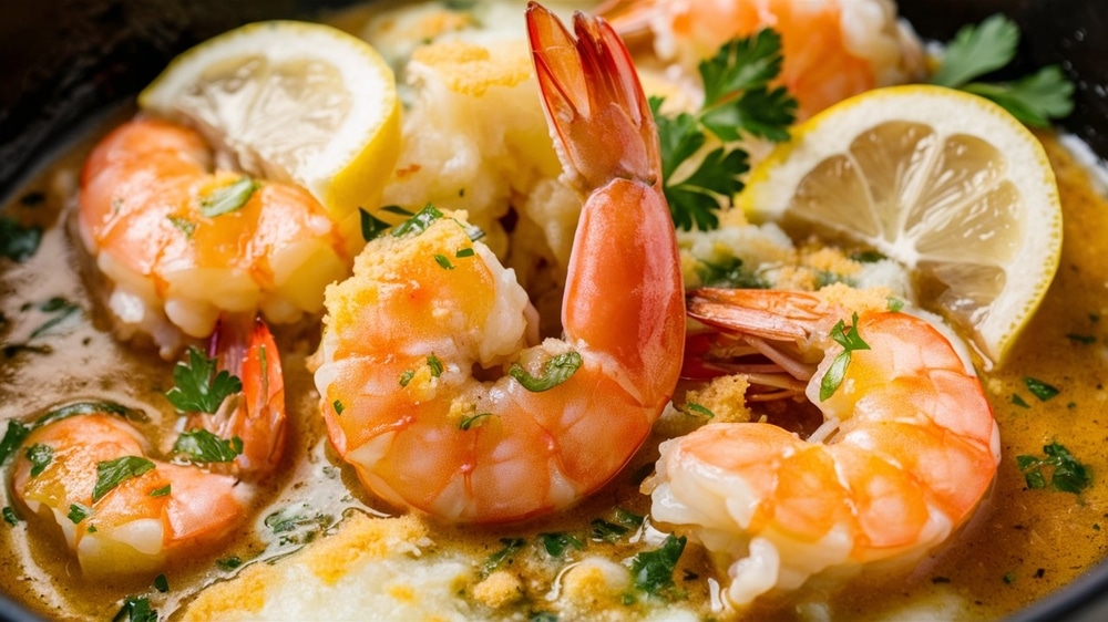 Close up Of Shrimp Scampi Featuring Succulent Shrimp In A Garlic