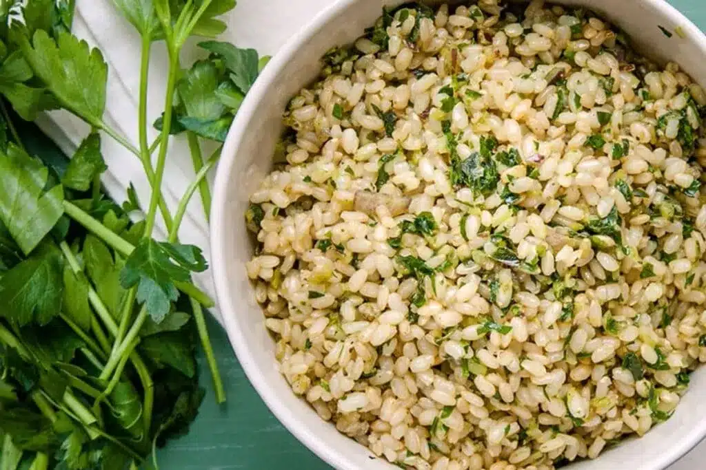 a bowl of cooked Herb Infused Brown Rice