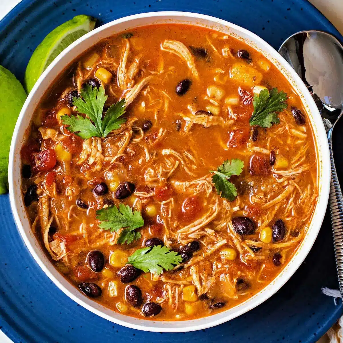 a bowl of slow cooker chicken enchilada soup