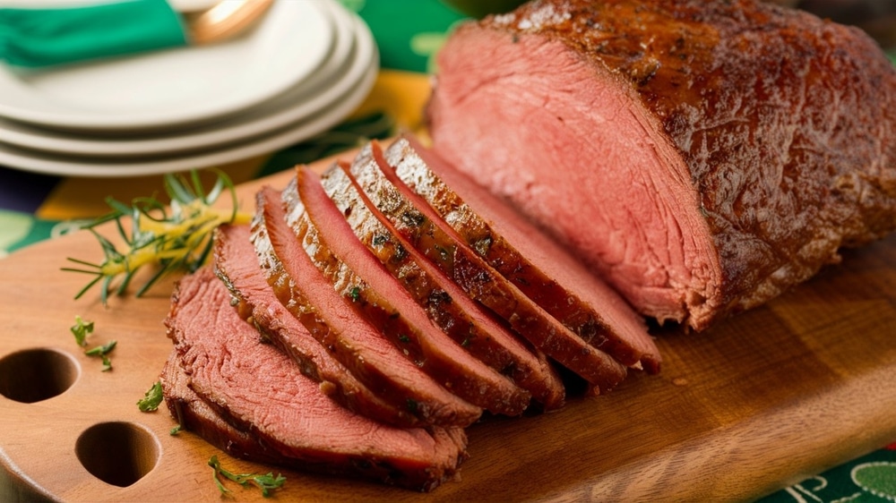 Corned Beef Cooked And Sliced On A Cutting Board A