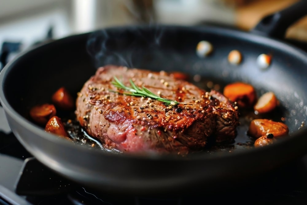 Looking Into A Frying Pan While Searing A Steak