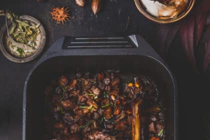 Slow Cooked Venison Roast In Black Cast Iron Pan Top