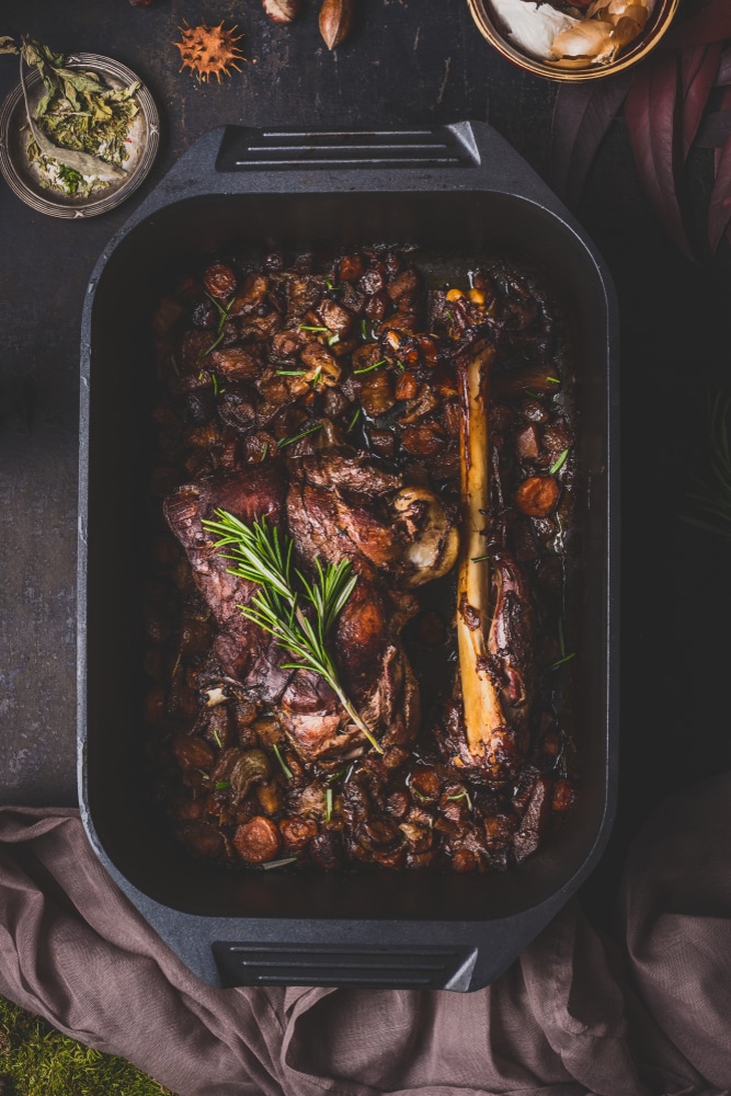 Slow Cooked Venison Roast In Black Cast Iron Pan Top