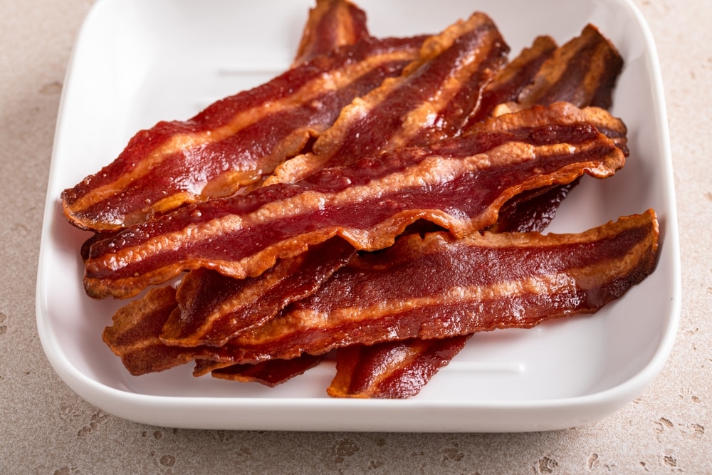 Turkey Bacon Crispy Cooked On A White Plate Ready To