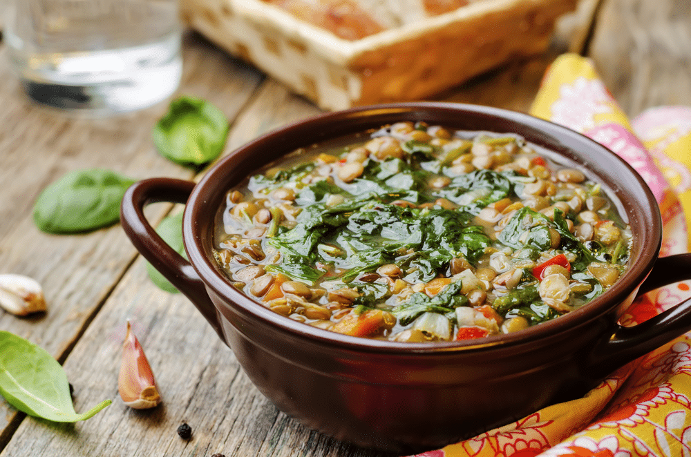 A view of a bowl of lentils soup