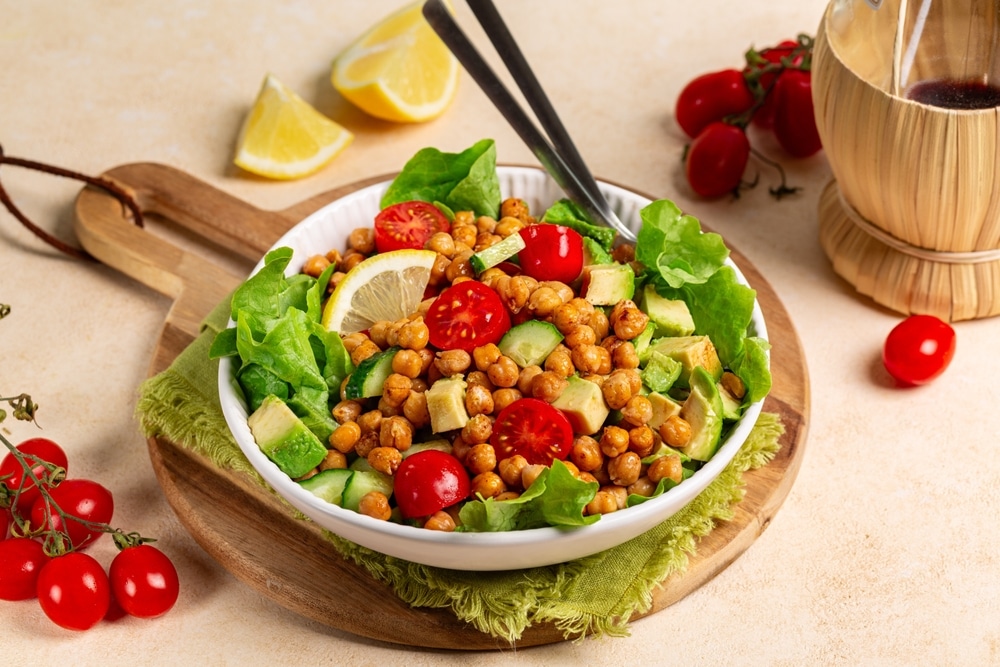 A view of chickpea and cucumber salad