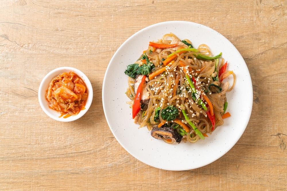 An overhead view of mushroom stir fry